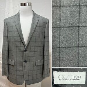 Michael Strahan Collection Men's 42R Gray Windowpane Plaid Fleece Blazer Jacket